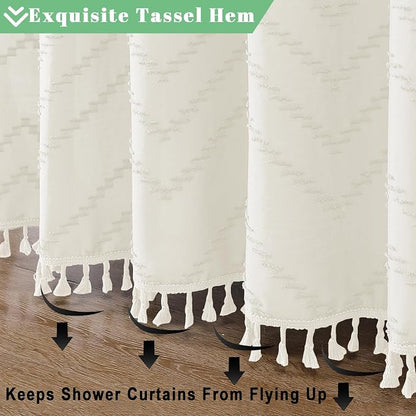 Boho Shower Curtain, Beige Fabric Cloth Shower Curtains Farmhouse Tufted Chevron Striped Textured with Tassel for Bathroom, Soft Hotel Style Modern Minimalist, Machine Washable, 72x72, Beige