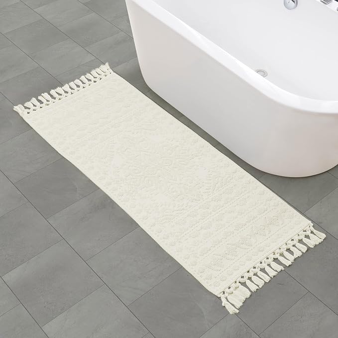 French Connection Nellore Bathroom Rugs, Woven and Beaded Bathroom Mats, Durable Bath Rugs, Thick Bath Mats for Bathroom and Shower Rugs, 24" x 64", Ivory