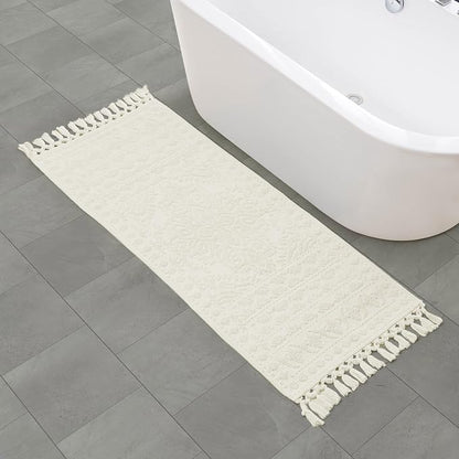 French Connection Nellore Bathroom Rugs, Woven and Beaded Bathroom Mats, Durable Bath Rugs, Thick Bath Mats for Bathroom and Shower Rugs, 24" x 64", Ivory