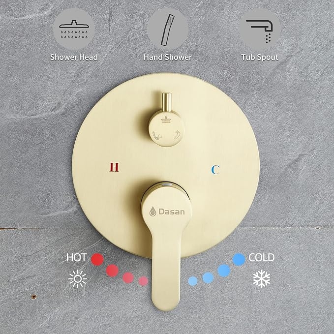 DASAN Tub Shower Faucets Sets Complete Bathtub Faucet Set Brushed Gold Bathtub Shower System with Tub Spout, Bathroom Tub and Shower Faucet Combo Trim Kit with Rough-in Valve, DA-SS03BG-R10W