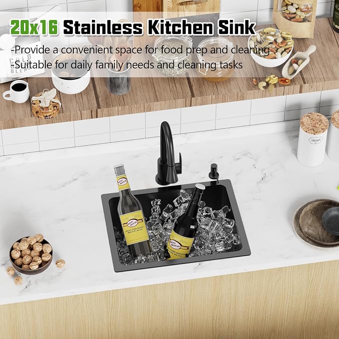 Black 20x16 In Kitchen And Bar Sink- Stainless Steel Undermount Kitchen Sink Modern Single Bowl Drop In Bar Sink With Silicon Mat,Drain Strainer Set Compatibility With Various Kitchen & Bar Style