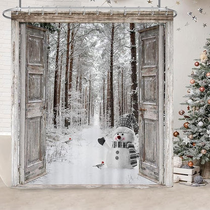 Winter Christmas Shower Curtain, Cute Snowman Winter Forest Pine Tree Scene Shower Curtain for Bathroom Rustic Farmhouse Xmas Snowflake Holiday Gray Bathroom Accessories Polyester 72"X72" with Hooks