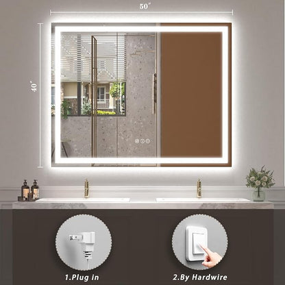 50x40 LED Lighted Bathroom Mirror for Vanity Wall | Front Light and Backlit, Anti-Fog, Memory, 3 Color, Tempered Glass, Dimmable, Rectangular, UL, Horizontal/ Vertical Mounted
