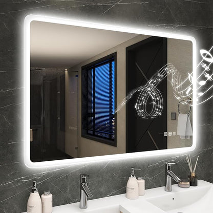 S'bagno 40"x28" LED Mirror for Bathroom, Bluetooth Speaker, Anti-Fog & Waterproof, Dimmable Wall Mirror with Touch Control, 3 Light Colors, Vertical or Horizontal, Ideal for Family Bathrooms