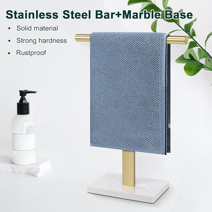 Hand Towel Holder, T-Shape Hand Towel Stand for Bathroom, Hand Towel Rack Bar Standing for Vanity Kitchen Countertop, 304 Stainless Steel, Marble Base (Gold)