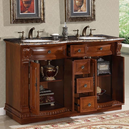 HYP-0223-BB-UWC-55 Granite Stone Top Double White Sink Bathroom Vanity with Furniture Cabinet, 55", Medium Wood