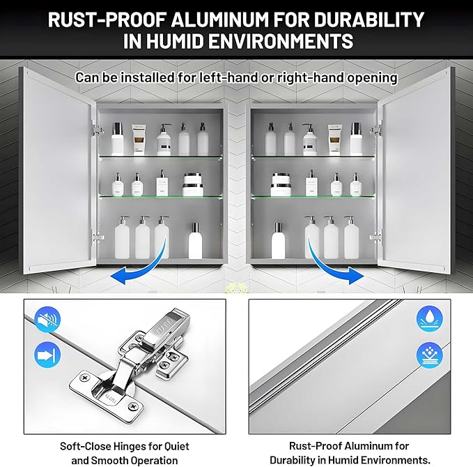 20 x 24 Medicine Cabinet Mirror for Bathroom,Assembly Required,Aluminum Alloy Frame,Recessed/Surface Mounted,Reversible L/R Door,Adjustable Shelves,Bathroom Medicine Cabinet with Mirror