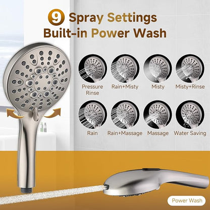 BRIGHT SHOWERS Rain Shower Heads System Including Rainfall Shower Head and Handheld Shower Head with Height Adjustable Holder, Solid Brass Rail, 60 Inch Long Stainless Steel Hose, Brushed Nickel