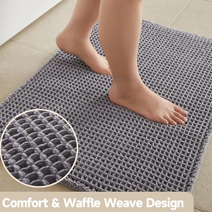 TYUU Waffle Bath Mat, Boho Bathroom Rugs Non Slip, 36x24 Grey | Super Absorbent Quick Dry Bath Rug, Non-Slip Backing, Soft Waffle Washable Farmhouse Bathroom Mats, Tub, Shower & Home Decor