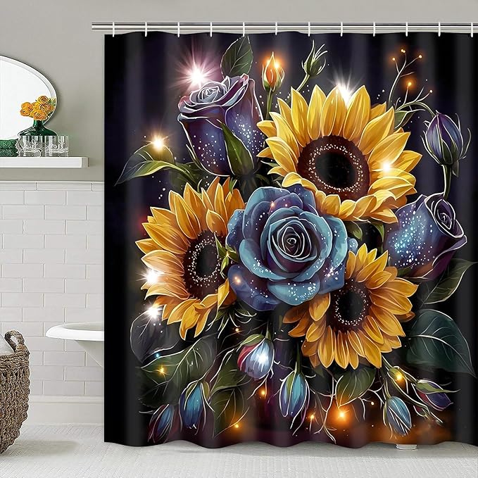 AZHM Sunflower and Rose Shower Curtain Starlight Glitter Flower Bathroom Decor Set with Shower Curtain and Rugs and Accessories with 12 Hooks