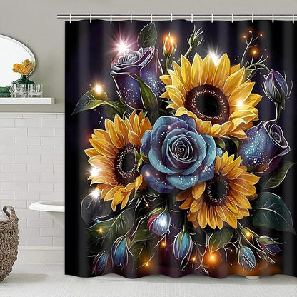AZHM Sunflower and Rose Shower Curtain Starlight Glitter Flower Bathroom Decor Set with Shower Curtain and Rugs and Accessories with 12 Hooks