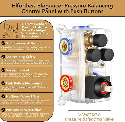 VANFOXLE Shower System Matte Black Shower Faucet Set, Push Button Diverter | 10 inch ceiling mount rain head Increased Thick, 6 inch side head, 2-in-1 handheld sprayer, solid brass valve, rust resistant