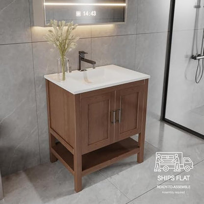24" Natural Wood Bathroom Vanity Base Only – Freestanding Solid Wood Sink Cabinet with Open Shelf, Shaker Style Storage, No Top or Sink, 36" W x 21" D x 34.5" H