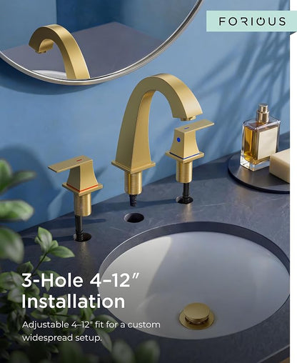 FORIOUS Brushed Gold Bathroom Faucet 3 Hole 8 Inch Widespread Two Handles | Lead-Free Bathroom Sink Faucet 4-12 Inch 3 Hole Install, Pop-up Drain and cUPC Supply Lines, for RV Vanity Lavatory Restroom