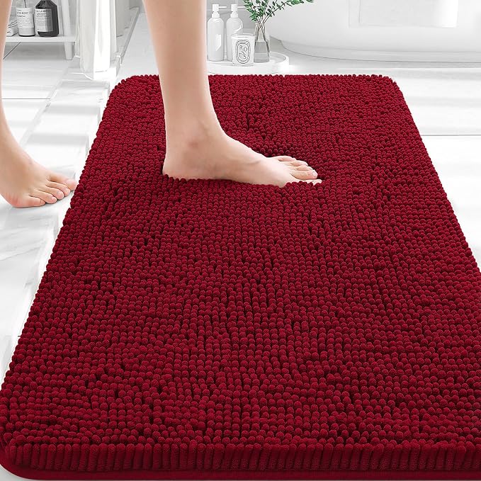 OLANLY Small Bathroom Rugs 30x18, Extra Soft Absorbent Chenille Bath Rugs | Red, Quick-Drying Rubber Backing, Machine Washable Bath Mat for Bathroom Floor, Tub and Shower, Home Decor Accessories