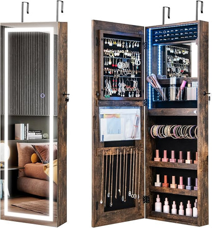 GOFLAME LED Mirror Jewelry Cabinet 42.5”, Wall/Door Mounted Full Length Mirror with Storage, 3-Color Lights, Interior Makeup Mirror, Jewelry Storage Organizer, Lockable Jewelry Armoire, Rustic Brown