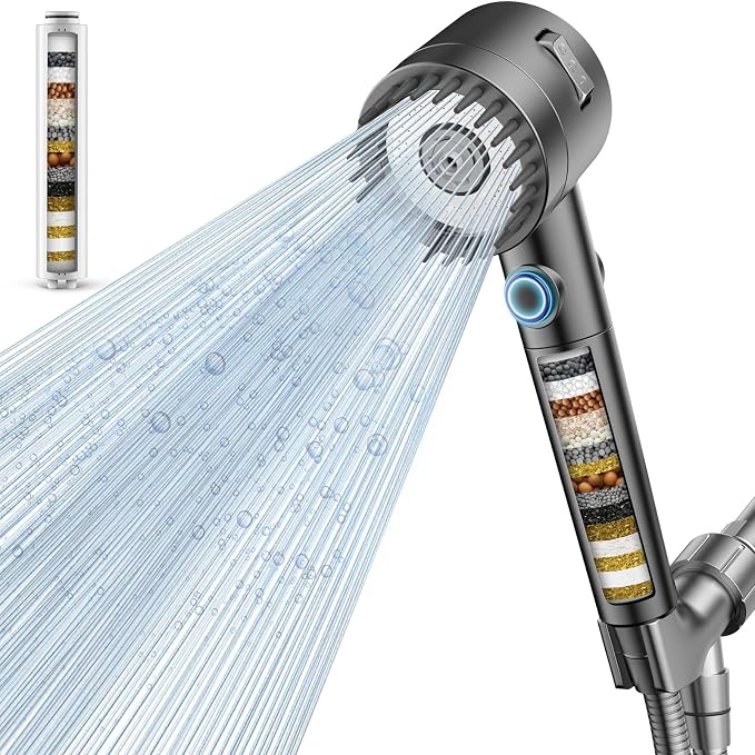 Filtered Shower Head with Handheld,High Pressure 5 Mode Shower with Filters | ON/OFF Switch Shower Filter Head for Hard Water, Remove Chlorine, Reduce Dry Itchy Skin,Holder & 60'' Hose Showerhead