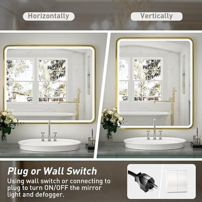 30x36 Inch LED Gold Frame Bathroom Mirror, ETL Listed | Anti-Fog,3 Color 3000K/4500K/6000K Dimmable,Horizontal & Vertical,Wall Mounted,Memory Function