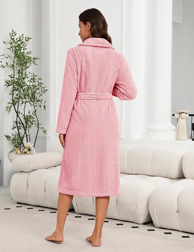 Ekouaer Women's Robe Long Plush Soft Bathrobe Cozy Warm Robes Shawl Collar Sleepwear with Pockets