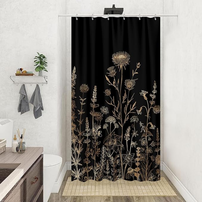 Vintage Black and Gold Boho Shower Curtain, Black and Tan Cream Floral Aesthetic Dark Wildflower Botanical Flowers Shower Curtain for Bathroom with Hook,Farmhouse Plant Art Chic Shower Curtain 36X72