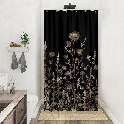 Vintage Black and Gold Boho Shower Curtain, Black and Tan Cream Floral Aesthetic Dark Wildflower Botanical Flowers Shower Curtain for Bathroom with Hook,Farmhouse Plant Art Chic Shower Curtain 36X72