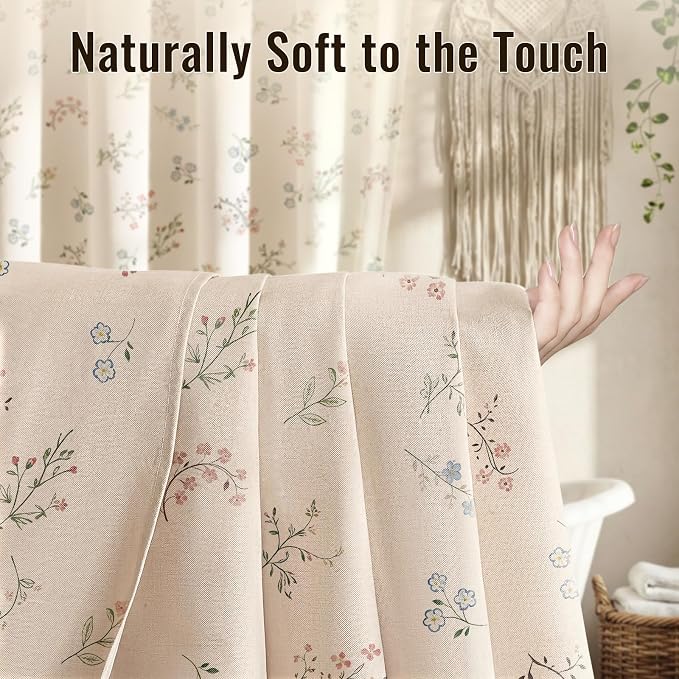 Farmhouse Floral Shower Curtain with 12 Clear Rings 72" W x 84" L | Boho Fabric Faux Linen Shower Curtain Set, Vintage Cottagecore Shower Curtain for Bathroom