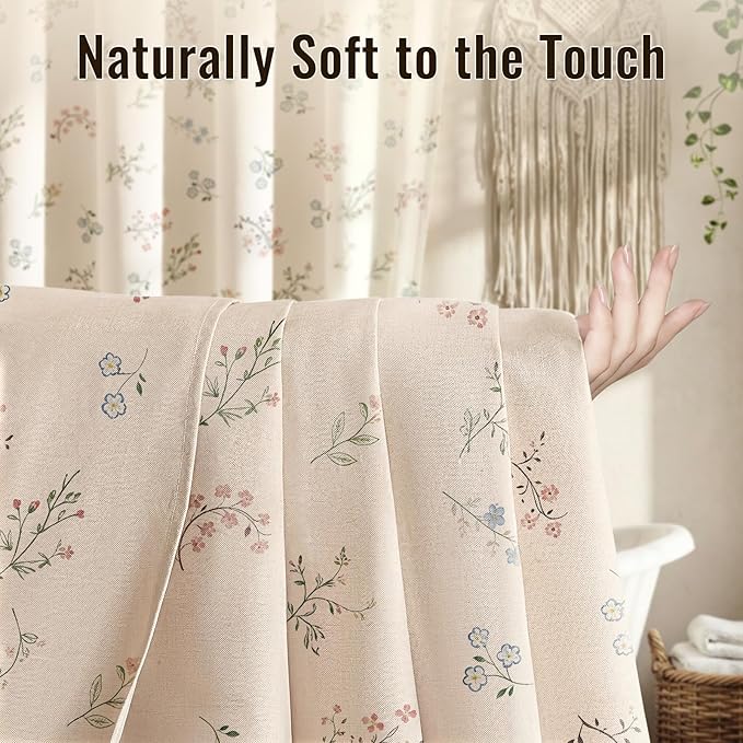 Farmhouse Floral Shower Curtain with 12 Clear Rings 72" W x 72" L | Boho Fabric Faux Linen Shower Curtain Set, Vintage Cottagecore Shower Curtain for Bathroom