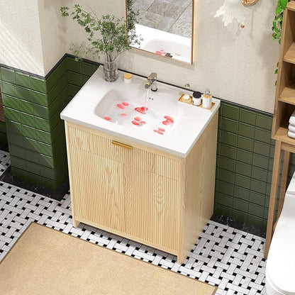 24 Inch Bathroom Vanity with Ceramic Sink, Small Bathroom Sink Cabinet with Fluted Doors and Flip Drawer, Single Sink Bath vanities Combo, Natural Oak (19" D x 24" W x 36" H)