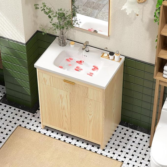 24 Inch Bathroom Vanity with Ceramic Sink, Small Bathroom Sink Cabinet with Fluted Doors and Flip Drawer, Single Sink Bath vanities Combo, Natural Oak (19" D x 24" W x 36" H)
