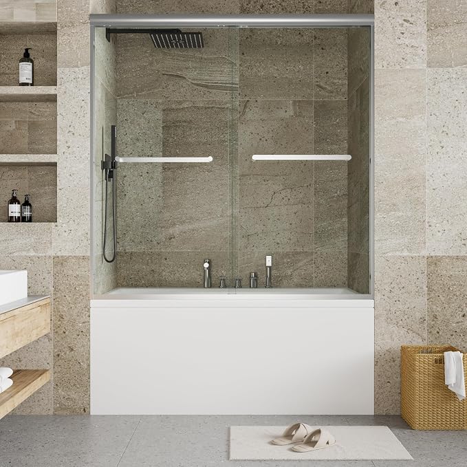 56-60 Inch W× 59 Inch H Double Sliding Shower Door, Semi-Frameless Bypass Bathroom Door with 1/4" Tempered Glass, Brushed Nickel Finish for Walk-in Shower or Bathtub Enclosure