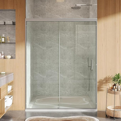 Sliding Shower Door, 56-60 inch W×72 inch H Aluminum Frame Glass Shower Door, One Fixed One Sliding Panel, Brushed Finish, Easy Clean Tempered Glass for Bathroom