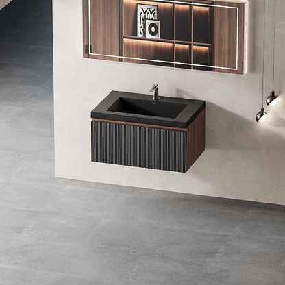 30" Floating Bathroom Vanity with Sink, Wall-Mounted Smoked Walnut Storage Cabinet, Wave-Textured Soft-Close Drawer & Matte Black Quartz Sand Basin