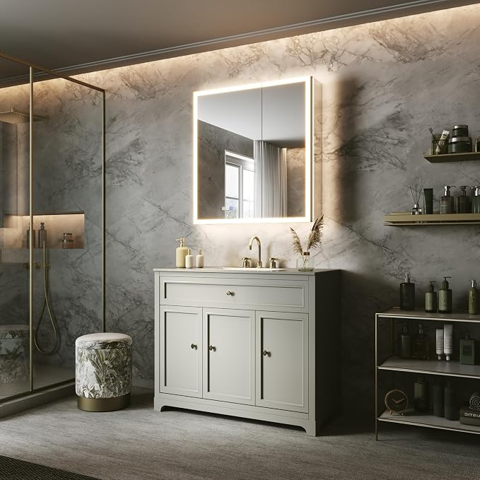 30x32 Lighted Medicine Cabinet, Separate Front & Back Lights | Surface/Recessed LED Medicine Cabinet for Bathroom with Side Mirrors, Dimmable Light, Anti-Fog, Memory,Silver Aluminum Frame