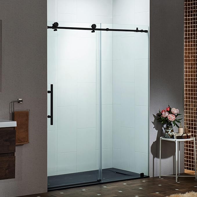 Woodbridge Frameless Single Sliding Shower Doors in Matte Black Finish, 45.5-48" Width x 76" Height with 3/8"(10mm) Clear Tempered Glass, Soft Close System and Explosion-Proof Film, BSDC4876-MB