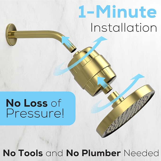 SparkPod 23-Stage Shower Head Filter for Showerheads, Egyptian Gold | Removes Chlorine & Heavy Metals, Helps Improve Hard Water, with Activated Carbon and KDF-55 Layers, High Output