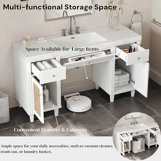 60 Inch White Bathroom Vanity with Single Sink & Integrated Countertop,Large Bathroom Vanity with Rattan Doors,2 Drawers & Storage Cabinets,Gas Spring Tip-Out Tray,Soft Closing System,Solid Wood Legs