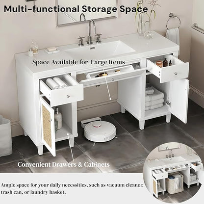 60 Inch White Bathroom Vanity with Single Sink & Integrated Countertop,Large Bathroom Vanity with Rattan Doors,2 Drawers & Storage Cabinets,Gas Spring Tip-Out Tray,Soft Closing System,Solid Wood Legs