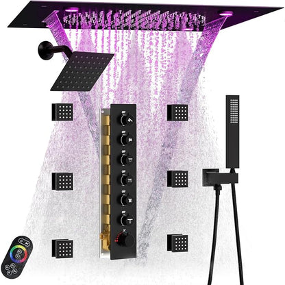 Enga Luxury Dual Shower Head System with Body Jets LED Thermostatic Shower System with 6 inch Wall Shower, 20-Inch 3 Function Shower Head (Rainfall & Mist & Waterfall), Matte Black