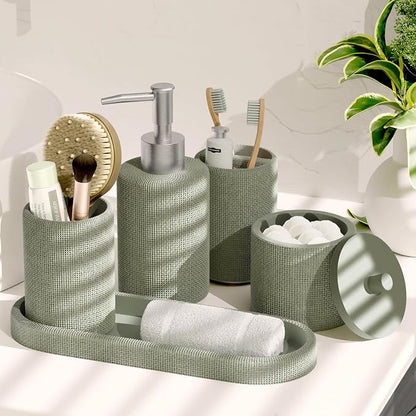 Clara Clark Bathroom Set - Sage Green Bathroom Accessories Set, 5PC Bathroom Accessory Set, Bathroom Sets with Soap Dispenser, Toothbrush Holder, Tumbler, Cotton Swab Jar & Vanity Tray