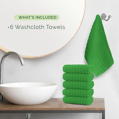 Elegant Comfort 100% Turkish Cotton Corduroy Ribbed Luxury Washcloths 6 Pack Soft 13 x 13 Inch - Higly Absorbent, Durable, Quick Dry, Spa Premium Hotel Quality for Bathroom or Travel, Emerald Green