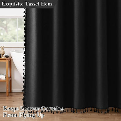 Extra Long Black Boho Linen Shower Curtain 84 Inches Textured Heavy Duty Fancy Tassel Farmhouse Fabric Bath Curtain Set with Hooks Neutral Modern Luxury Shower Curtains for Bathroom 72x84