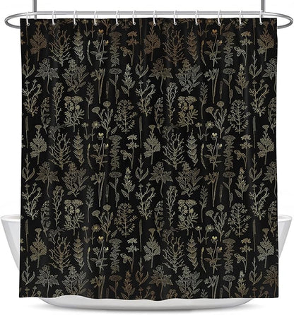 Coxila Vintage Floral Shower Curtain Black and Gold Boho Gothic Flower Aesthetic Whimsical Goth Moody Dark Botanical Witchy Nature Art Cottagecore Bathroom 60 x 72 Inch Polyester Fabric 12 Pack Hooks