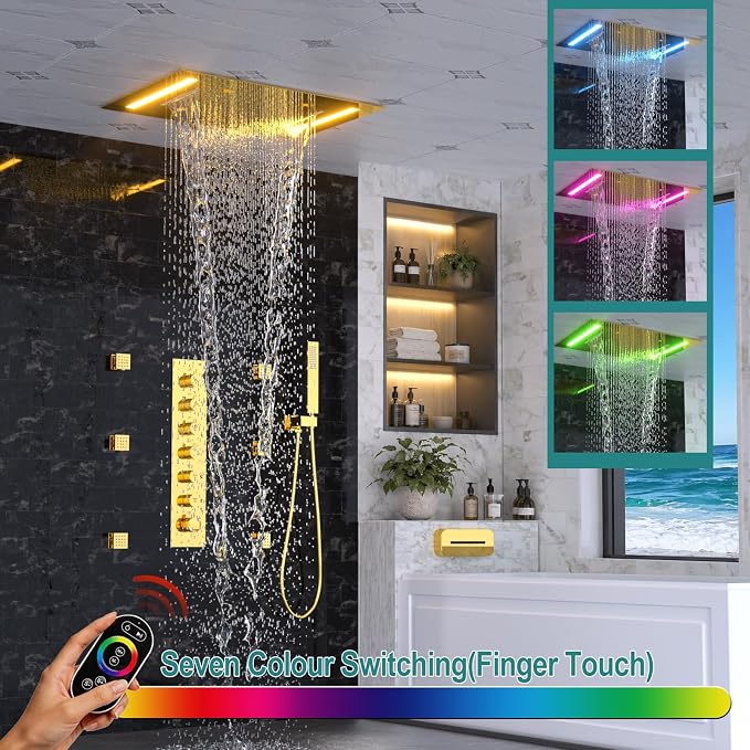 HOMEDEC LED Thermostatic Shower System with 6 Body Jets, 14x20" Shower Head | 3 Spray Modes: Rainfall, Mist and Waterfall; Up/Down Shower Spout; Handheld Shower; 6-Way Solid Brass Valve; Gold Finish