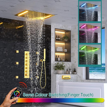 HOMEDEC LED Thermostatic Shower System with 6 Body Jets, 14x20" Shower Head | 3 Spray Modes: Rainfall, Mist and Waterfall; Up/Down Shower Spout; Handheld Shower; 6-Way Solid Brass Valve; Gold Finish