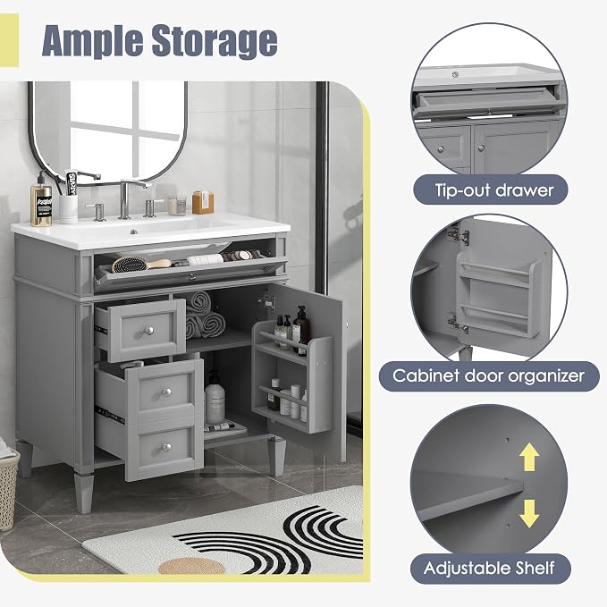 Merax 30 inch Bathroom Vanity with Ceramic Sink, Solid Wood Frame Modern Bathroom Sink Storage Cabinet with 2 Drawers and a Tip-Out Drawer, Single Sink Bathroom Vanities, Grey