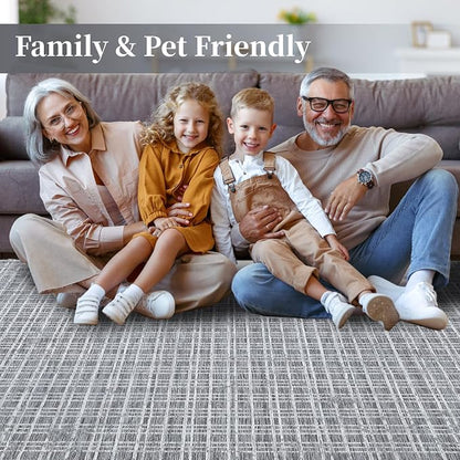 Washable Area Rug 9x12 Rug for Living Room Modern Geometric Large Area Rug for Bedroom Decor Plaid Grid Rug Non Slip Throw Rugs Low Pile Stain Resistant Carpet for Dining Room 9'x12' Grey