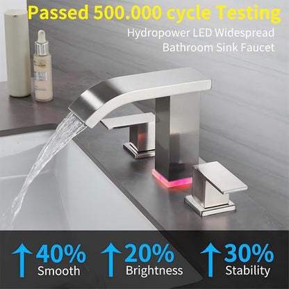 Bathroom faucets 3 Hole Brushed Nickel Vanity Faucet with led Waterfall Bathroom Faucet 3 Hole Sink Faucet Bathroom 8 inch Widespread Modern Parts Touch on 2 Handle(Brushed Nickel)