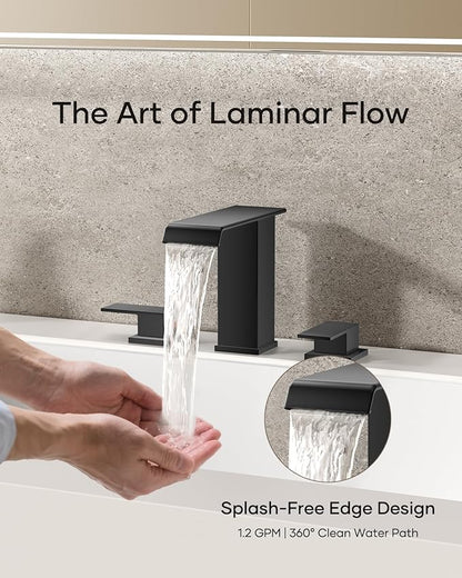 Matte Black Waterfall Bathroom Faucet 3 Hole, 8 Inch Widespread Modern 3 Piece Bathroom Sink Faucet, Touch On Lavatory Faucet for Vanity RV Restroom, Straight Spout