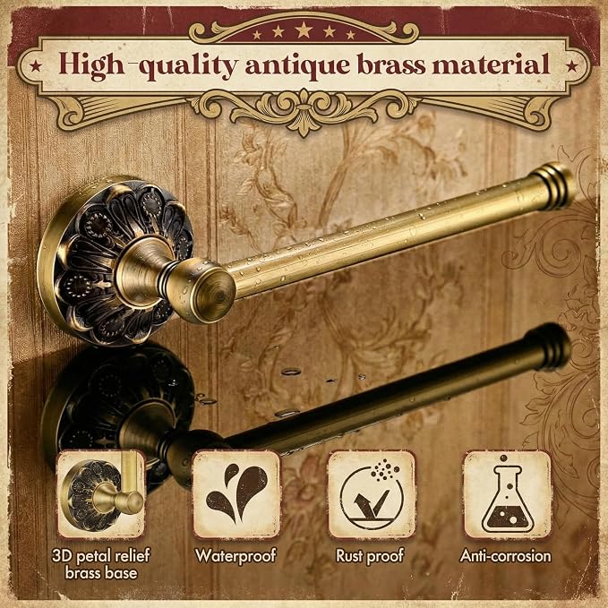 Cinnvoice 6 Pcs Antique Brass Bathroom Accessories Set 24 Vintage Bronze Towel Rack, Toilet Paper Holder, Hand Wash Cloth Holder and Rotatable Towel Ring Wall Mounted Antique Gold Hardware Supply
