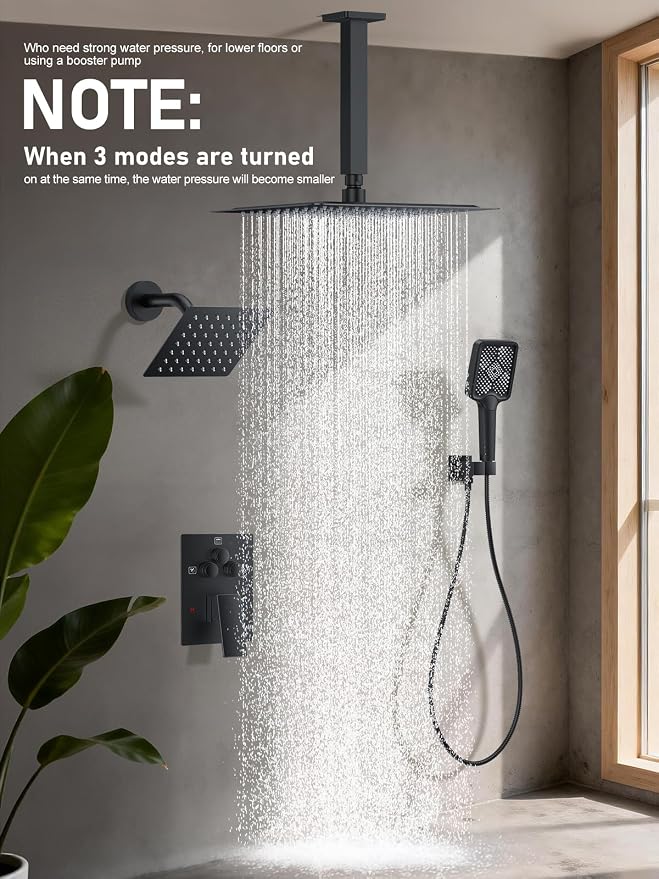 Woindo Shower Faucet Set, 10" Ceiling Mount Rainfall Shower System with 2 Rain Shower Head and Multi-function Handheld Head Push Button Diverter Shower Faucet Trim Kit